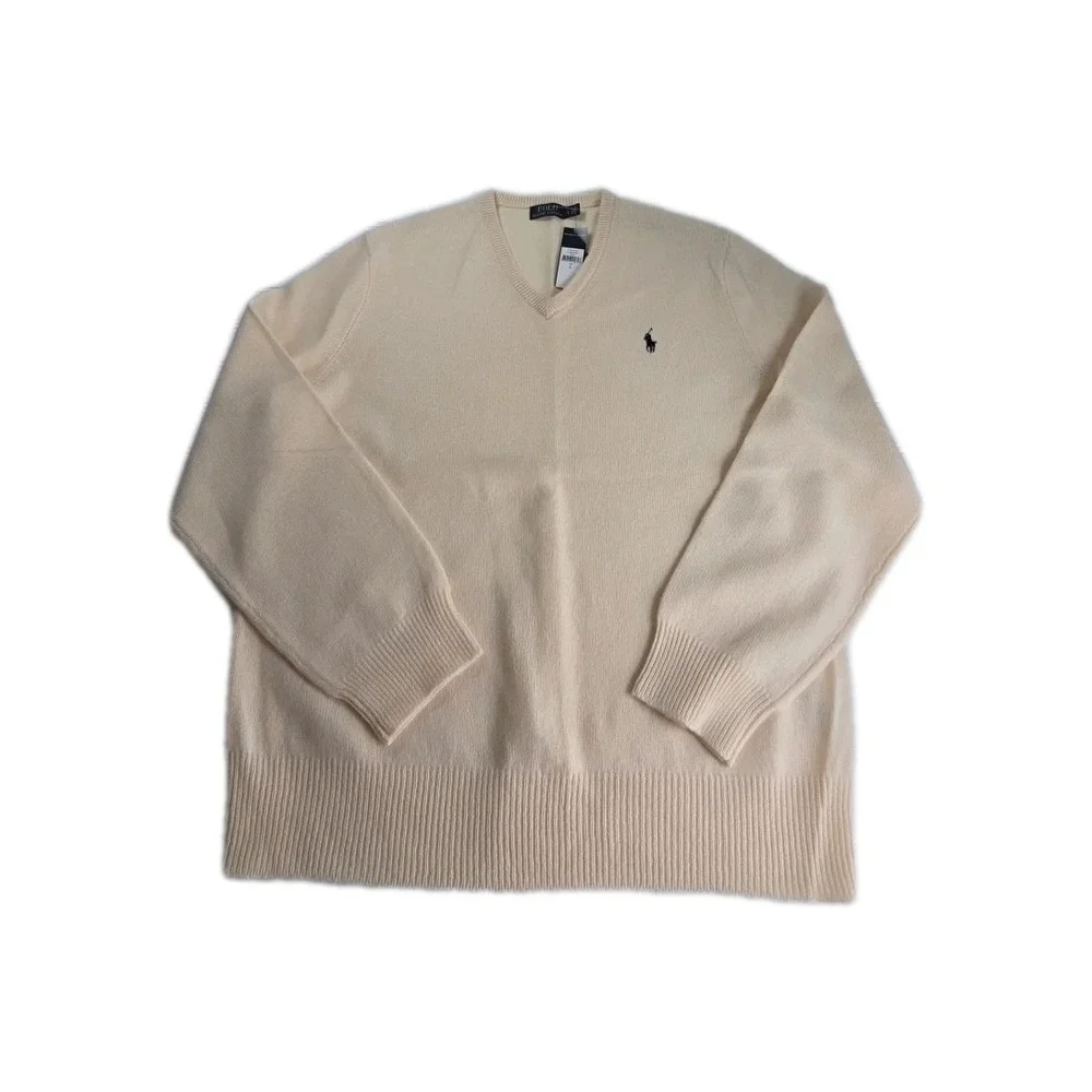 POLO RALPH LAUREN MEN'S LARGE V NECK SWEATER‎ CREAM WOOL, LOGO, NWT